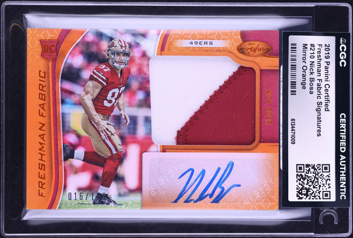 2019 Panini Certified Freshman Fabric Mirror Orange Nick Bosa RC PATCH AUTO /199 #210 CGC AUTH