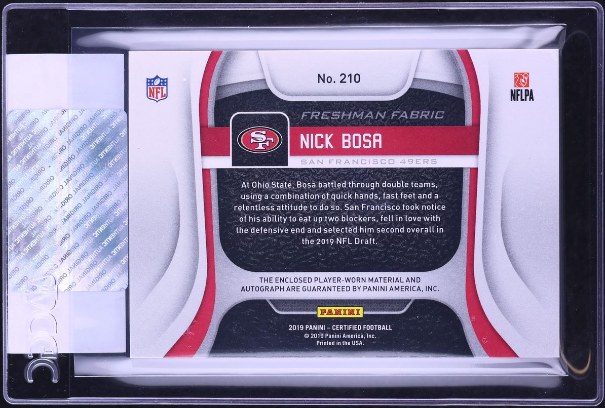 2019 Panini Certified Freshman Fabric Mirror Orange Nick Bosa RC PATCH AUTO /199 #210 CGC AUTH