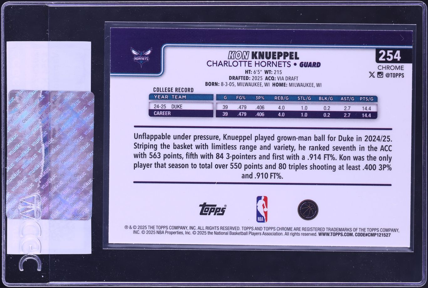 2025 Topps Chrome Variation Kon Knueppel ROOKIE #254 CGC AUTH