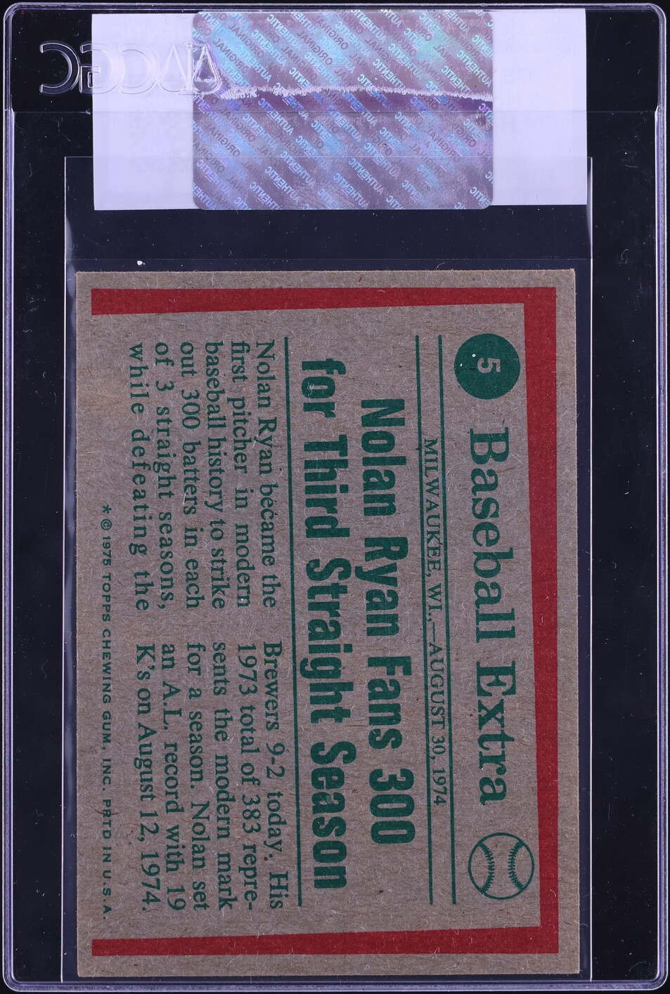 1975 Topps Nolan Ryan '74 HIGHLIGHTS #5 CGC AUTH