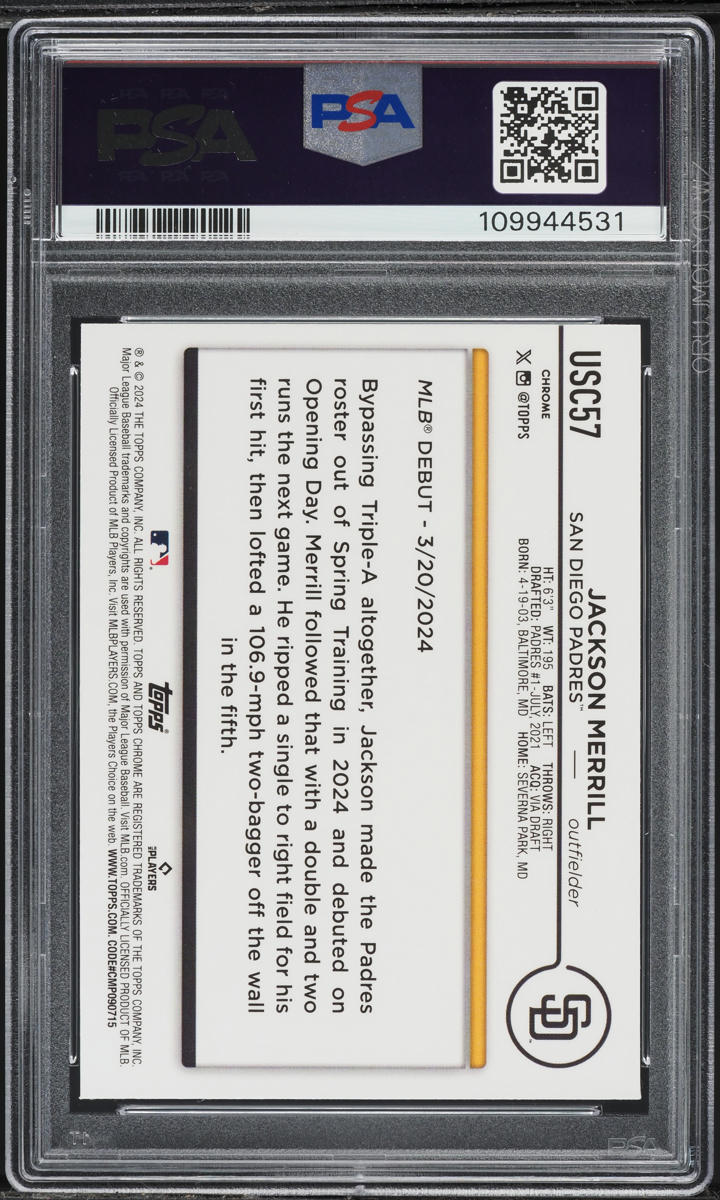 2024 Topps Chrome Update Jackson Merrill ROOKIE #USC57 PSA 10 GEM MINT