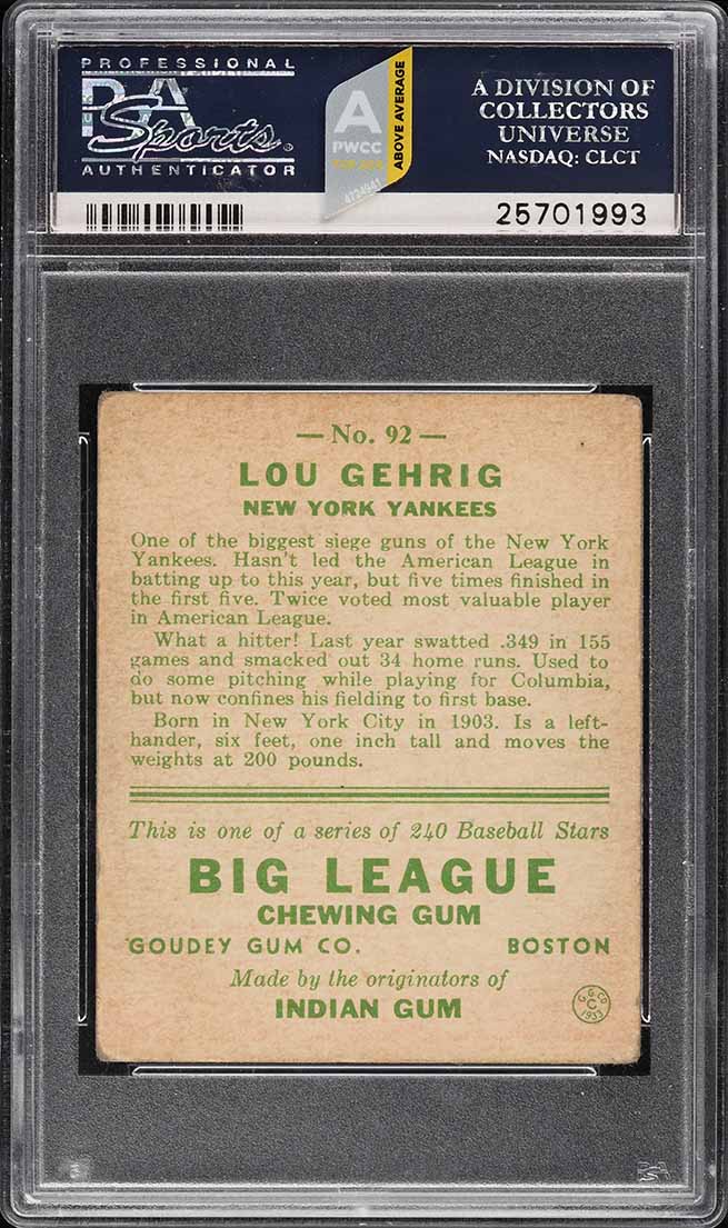 1933 Goudey Lou Gehrig #92 PSA 3 VG