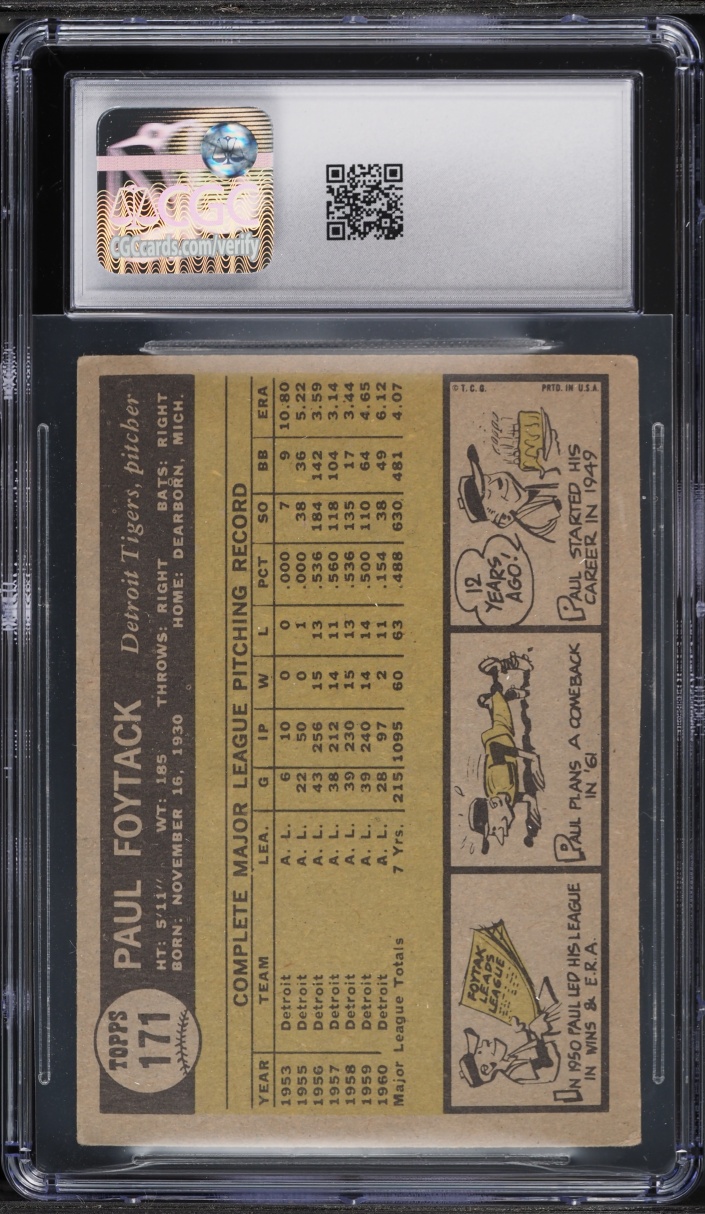 1961 Topps Paul Foytack #171 CGC 3.5 VG+
