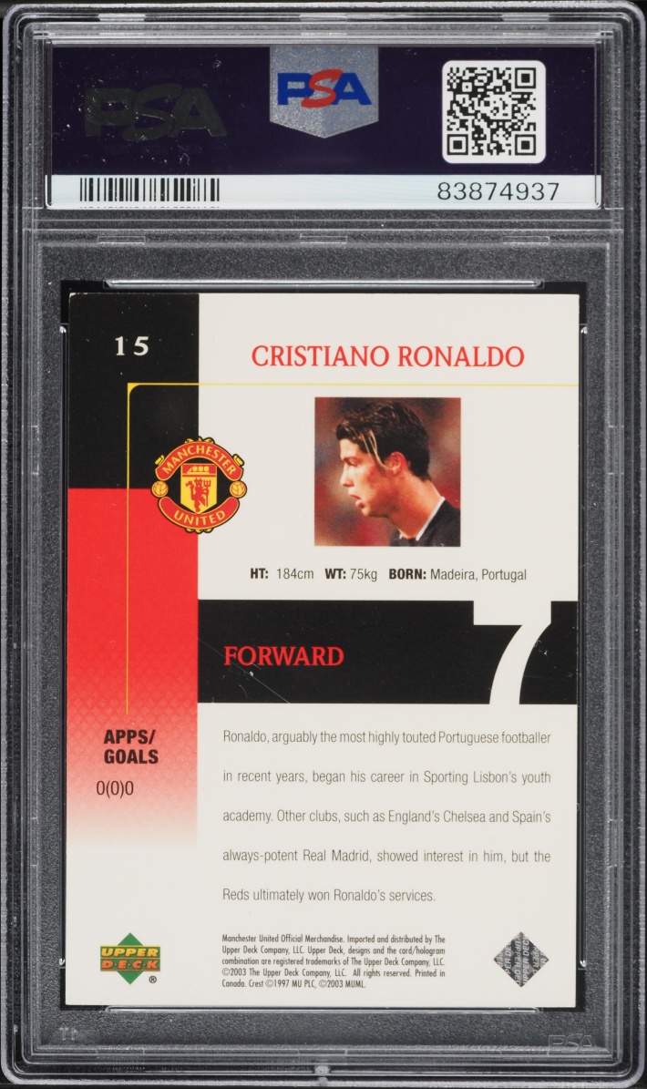 2003 Upper Deck Manchester United Cristiano Ronaldo ROOKIE #15 PSA 8 NM-MT