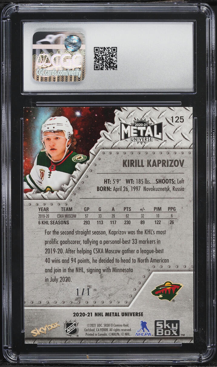 2020 Upper Deck Metal Universe Precious Metal Gems PMG Gold Kirill Kaprizov 1/1 #125 CGC 8.5