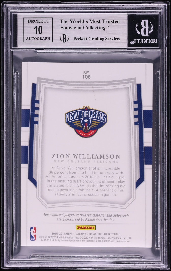 2019 National Treasures Zion Williamson ROOKIE PATCH AUTO /99 #108 BGS 8.5 NM-MT+