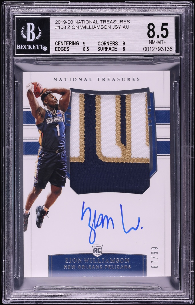 2019 National Treasures Zion Williamson ROOKIE PATCH AUTO /99 #108 BGS 8.5 NM-MT+