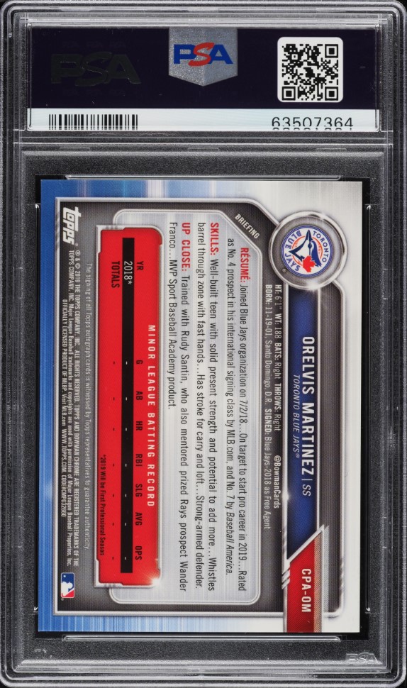 2019 Bowman Chrome Gold Refractor Orelvis Martinez PROSPECT AUTO /50 #CPA-OM PSA 9 MINT