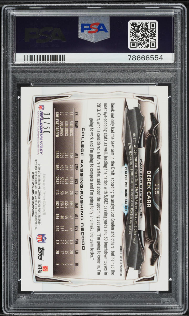 2014 Topps Chrome With Ball Gold Refractor Derek Carr ROOKIE /50 #115 PSA 9 MINT