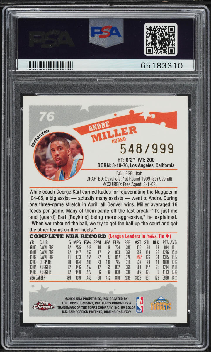 2005 Topps Chrome Refractor Andre Miller /999 #76 PSA 10 GEM MINT