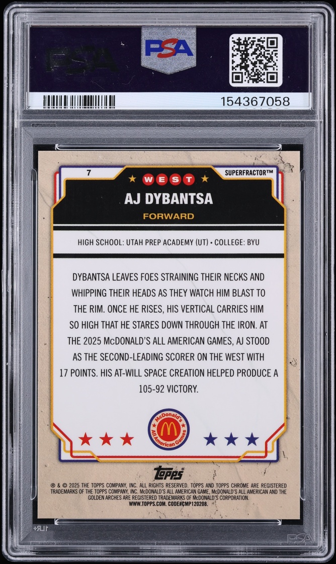 2025 Topps Chrome McDonald's All American Superfractor AJ Dybantsa 1/1 #7 PSA 10 GEM MINT - Photo 2