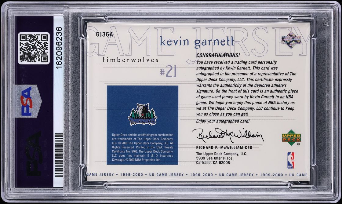 1999 Upper Deck Kevin Garnett PATCH AUTO 1/21 #GJ36A PSA 5 EX - Photo 2