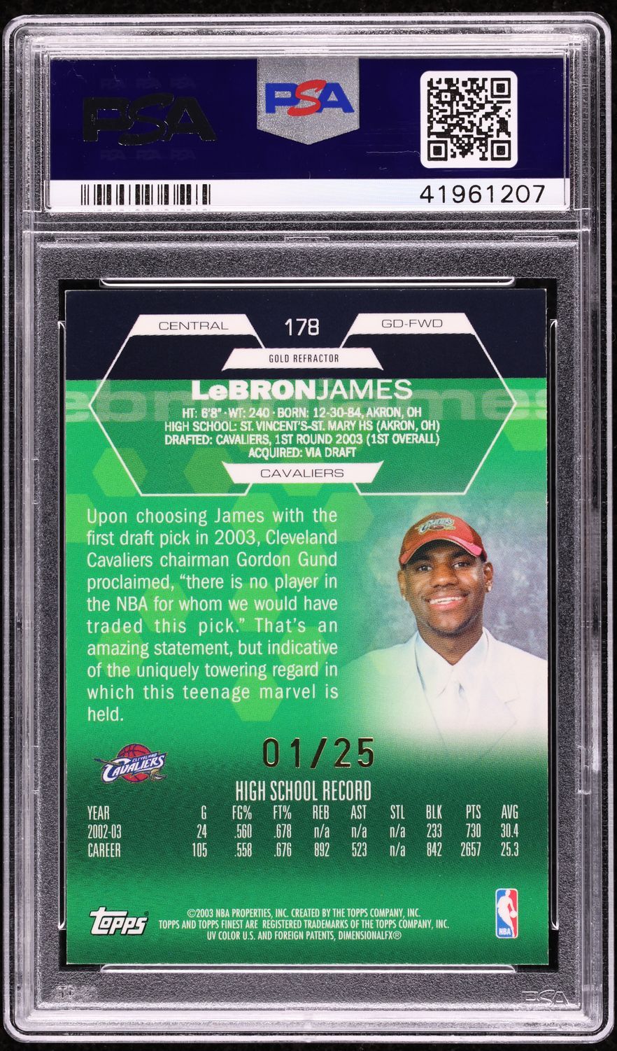 2002 Finest Gold Refractor LeBron James ROOKIE 1/25 #178 PSA 7 NRMT