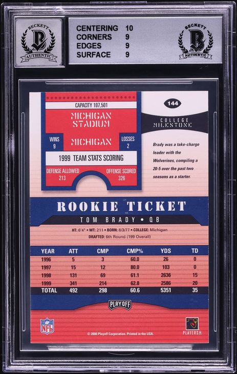 2000 Playoff Contenders Tom Brady ROOKIE AUTO #144 BAS BGS 9 MINT