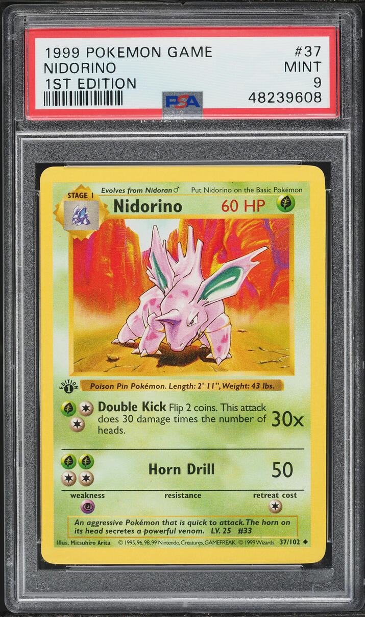 1999 Pokemon Base Set Shadowless 1st Edition Nidorino #37 PSA 9 MINT