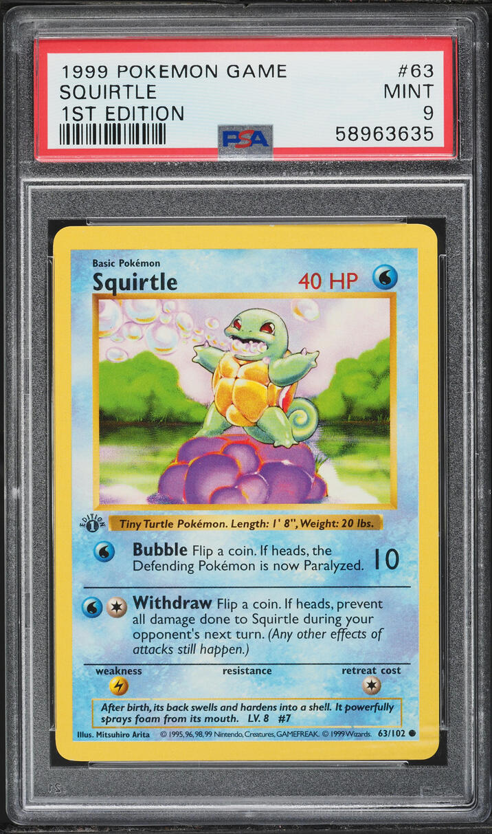 1999 Pokemon Base Set Shadowless 1st Edition Squirtle #63 PSA 9 MINT