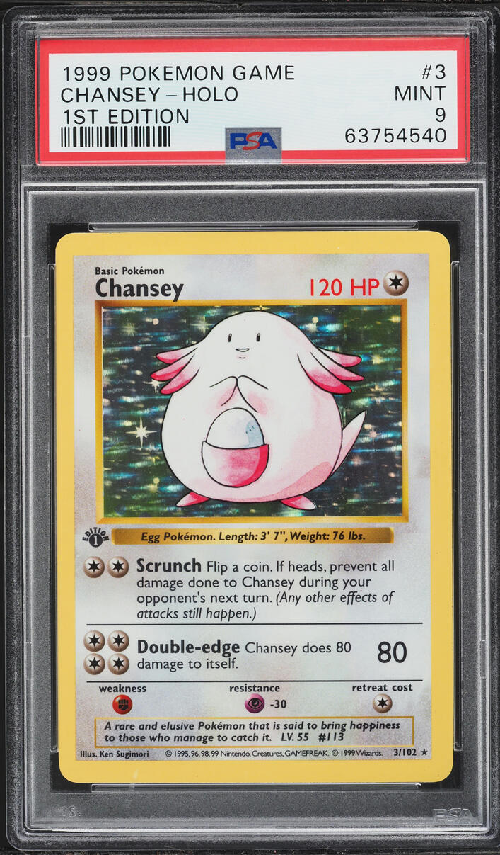 1999 Pokemon Base Set Shadowless 1st Edition Holo Chansey #3 PSA 9 MINT