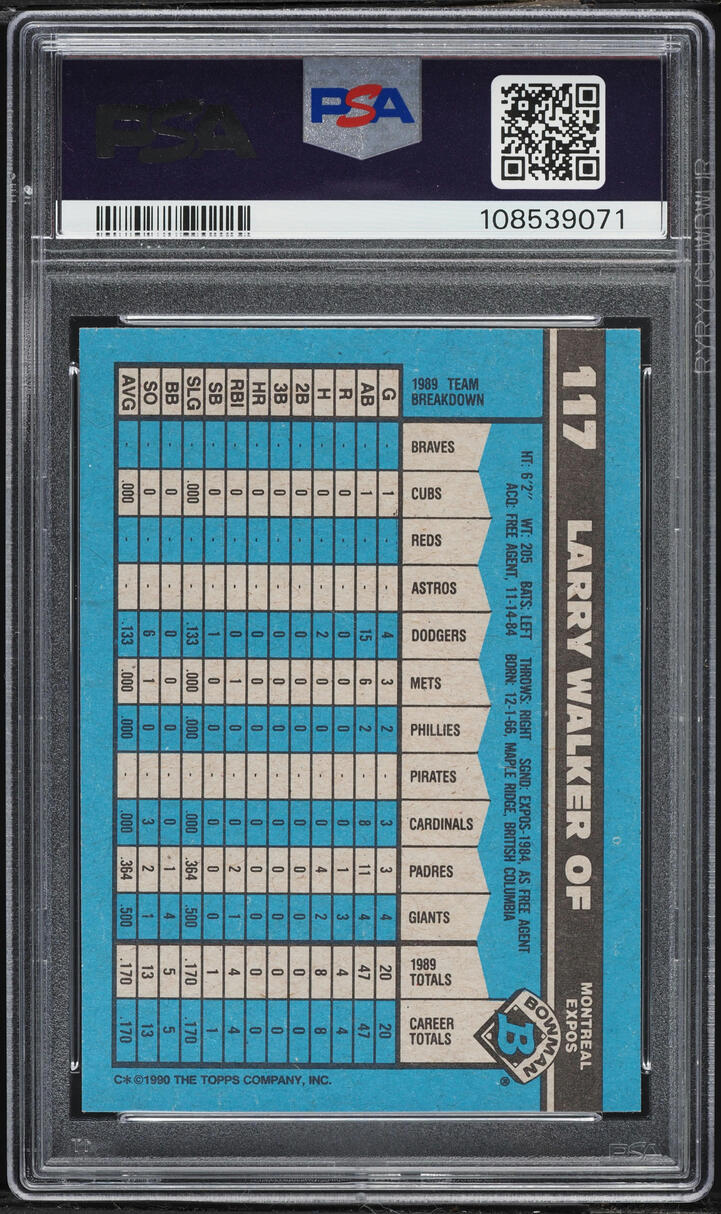 1990 Bowman Larry Walker ROOKIE #117 PSA 8 NM-MT