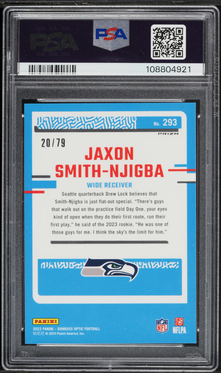 2023 Donruss Optic Pink Velocity Prizm Jaxon Smith-Njigba ROOKIE /79 #293 PSA 10 GEM MINT
