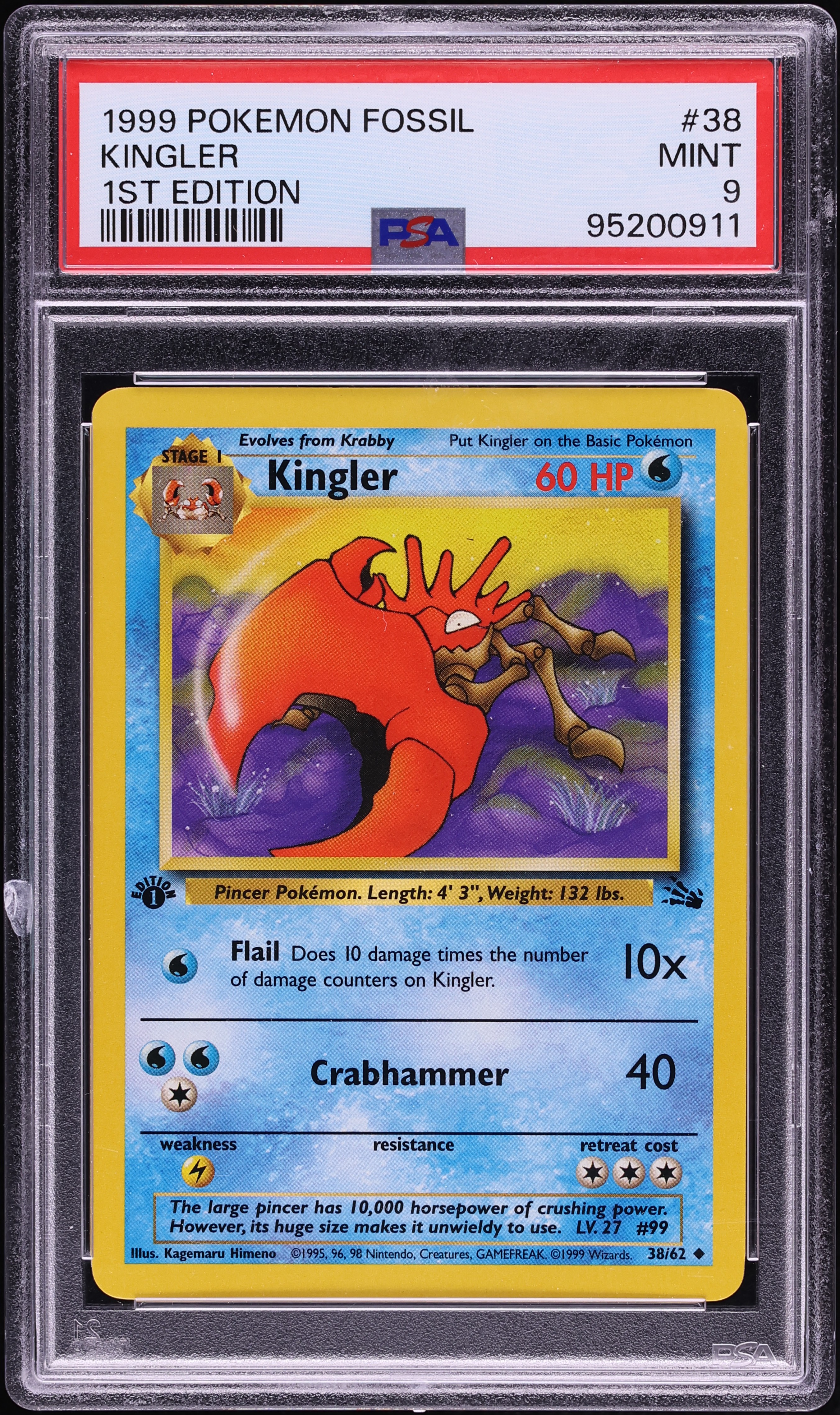 1999 Pokemon Fossil 1st Edition Kingler #38 PSA 9 MINT