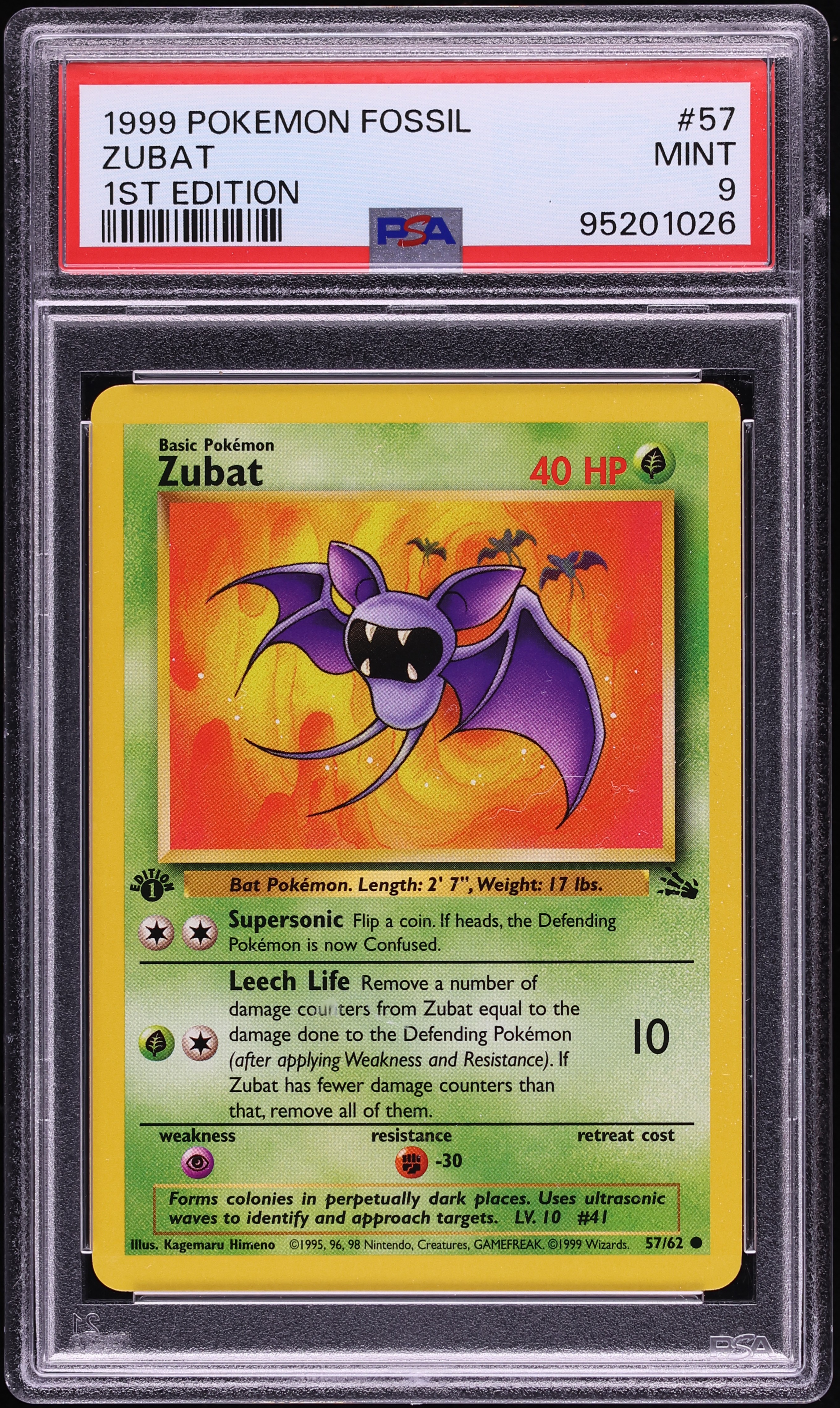 1999 Pokemon Fossil 1st Edition Zubat #57 PSA 9 MINT
