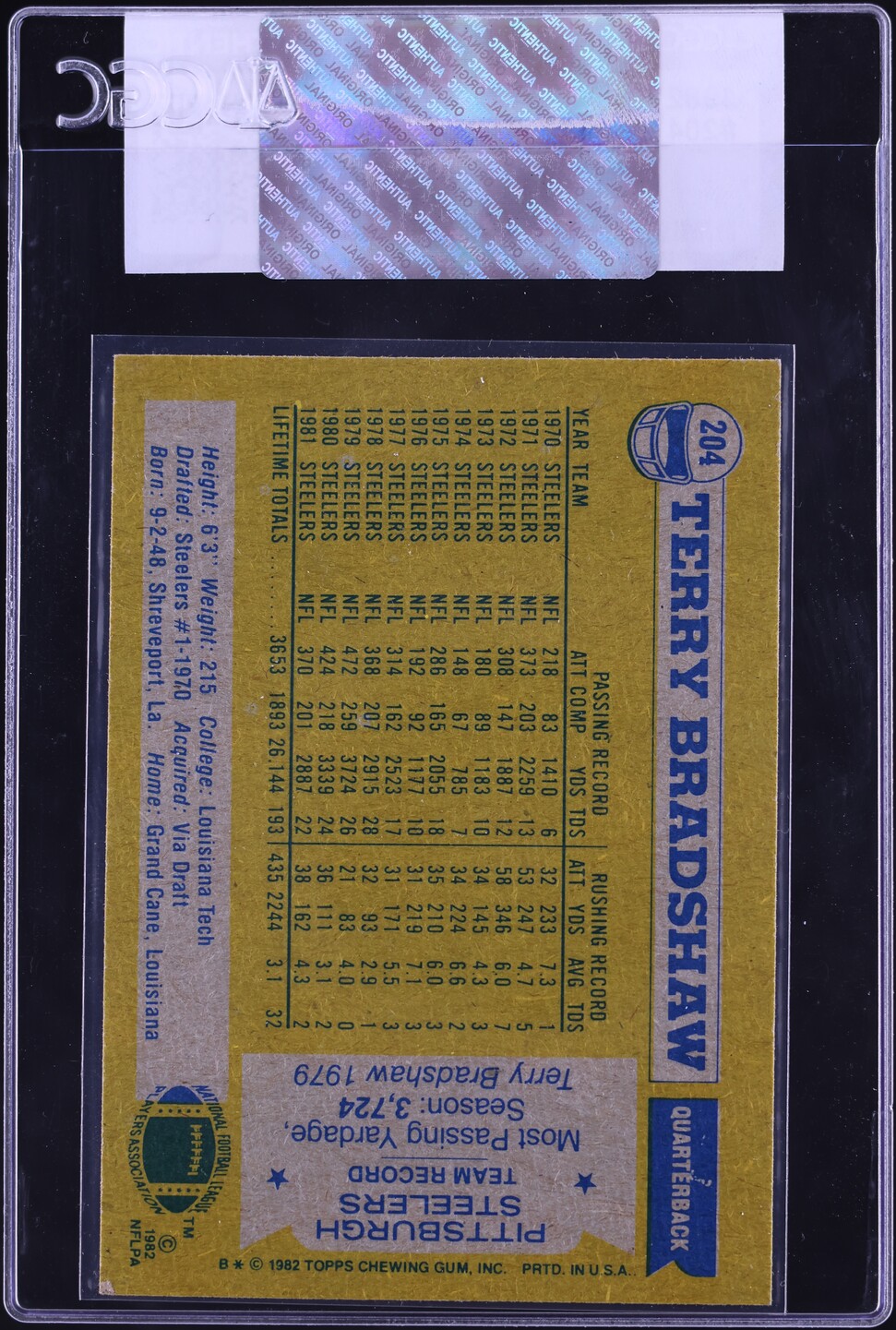 1982 Topps Football Terry Bradshaw #204 CGC AUTH
