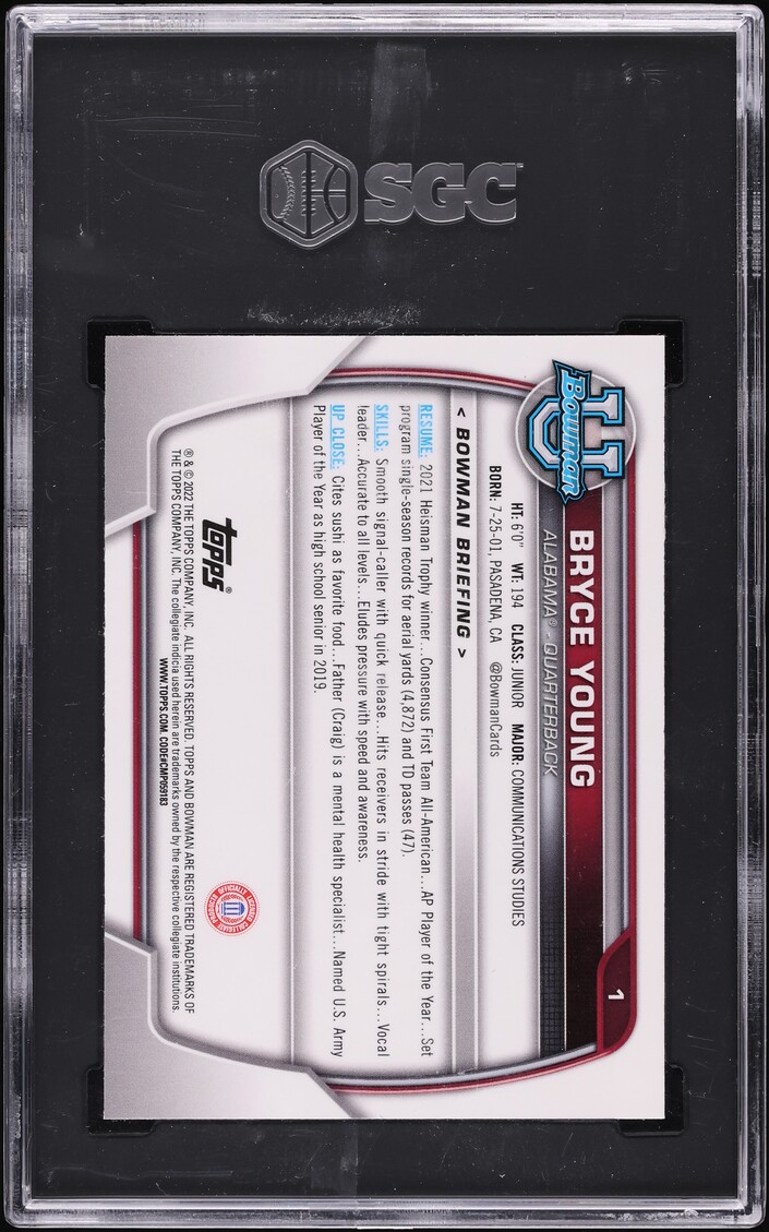 2022 Bowman Chrome University Bryce Young ROOKIE #1 SGC 9.5 MINT+
