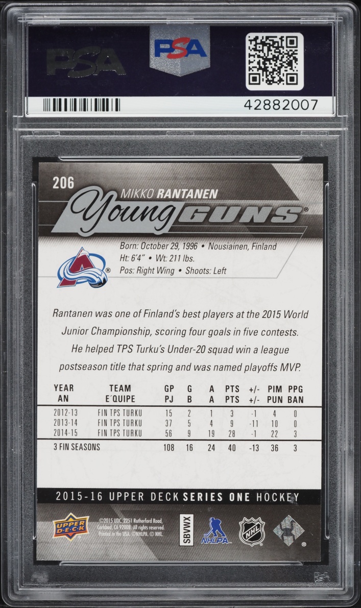 2015 Upper Deck Young Guns Mikko Rantanen ROOKIE #206 PSA 10 GEM MINT