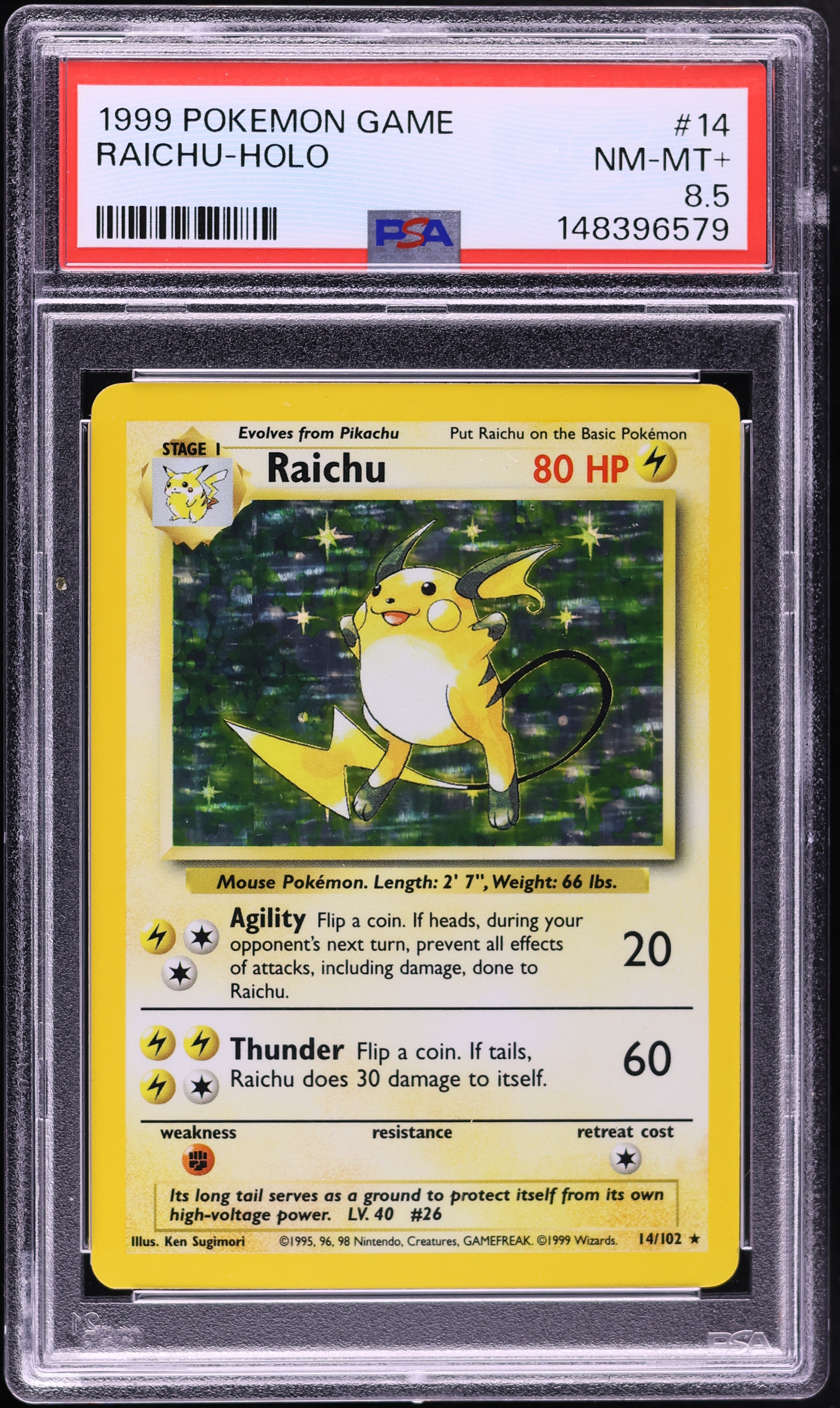1999 Pokemon Base Set Holo Raichu #14 PSA 8.5 NM-MT+