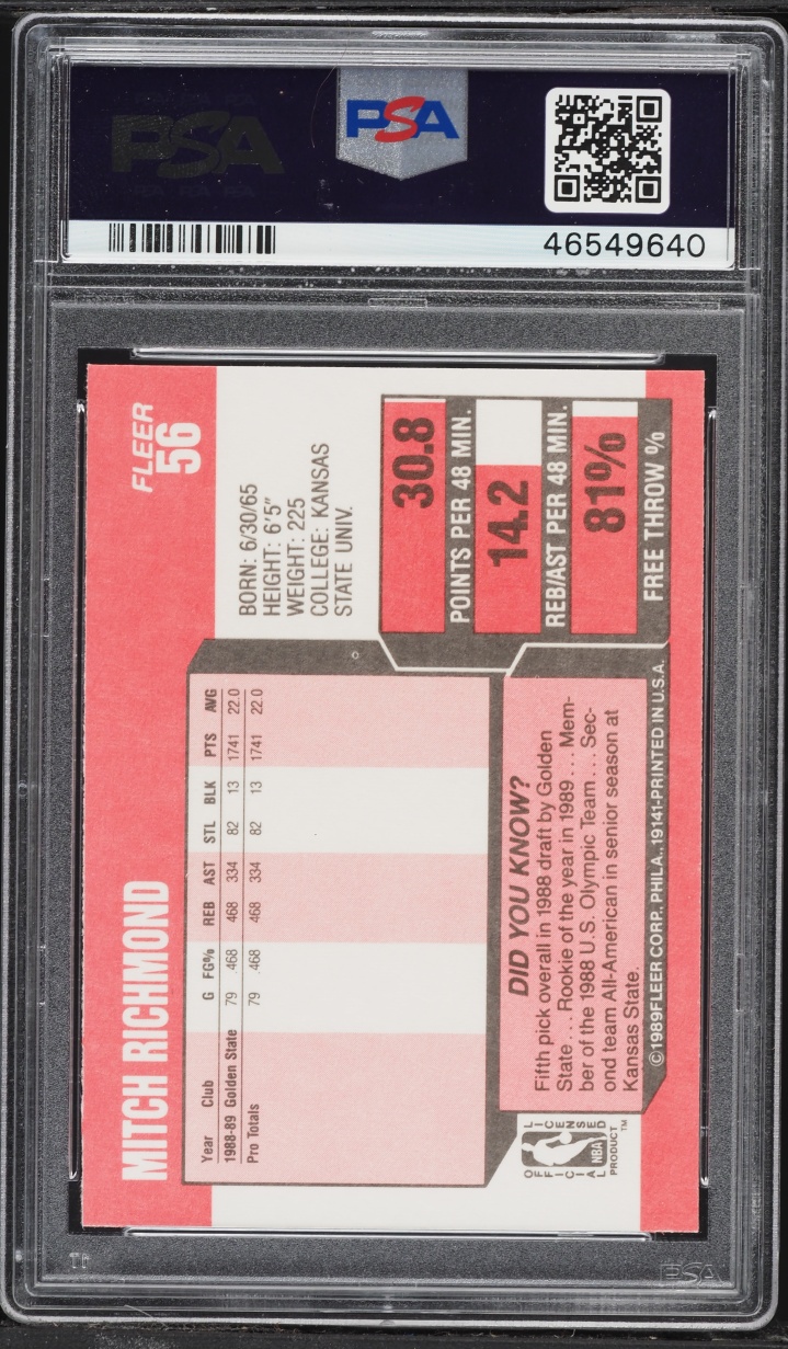 1989 Fleer Basketball Mitch Richmond ROOKIE #56 PSA 9 MINT
