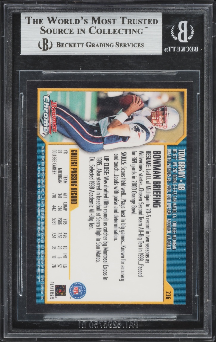 2000 Bowman Chrome Tom Brady ROOKIE #236 BGS 9 MINT - Photo 2