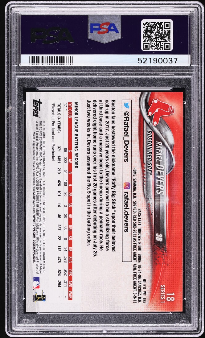 2018 Topps Batting Rafael Devers ROOKIE #18 PSA 10 GEM MINT
