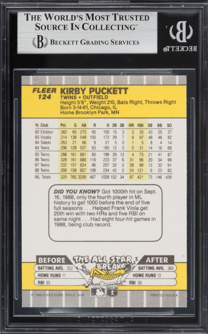 1989 Fleer Kirby Puckett #124 BGS 9 MINT