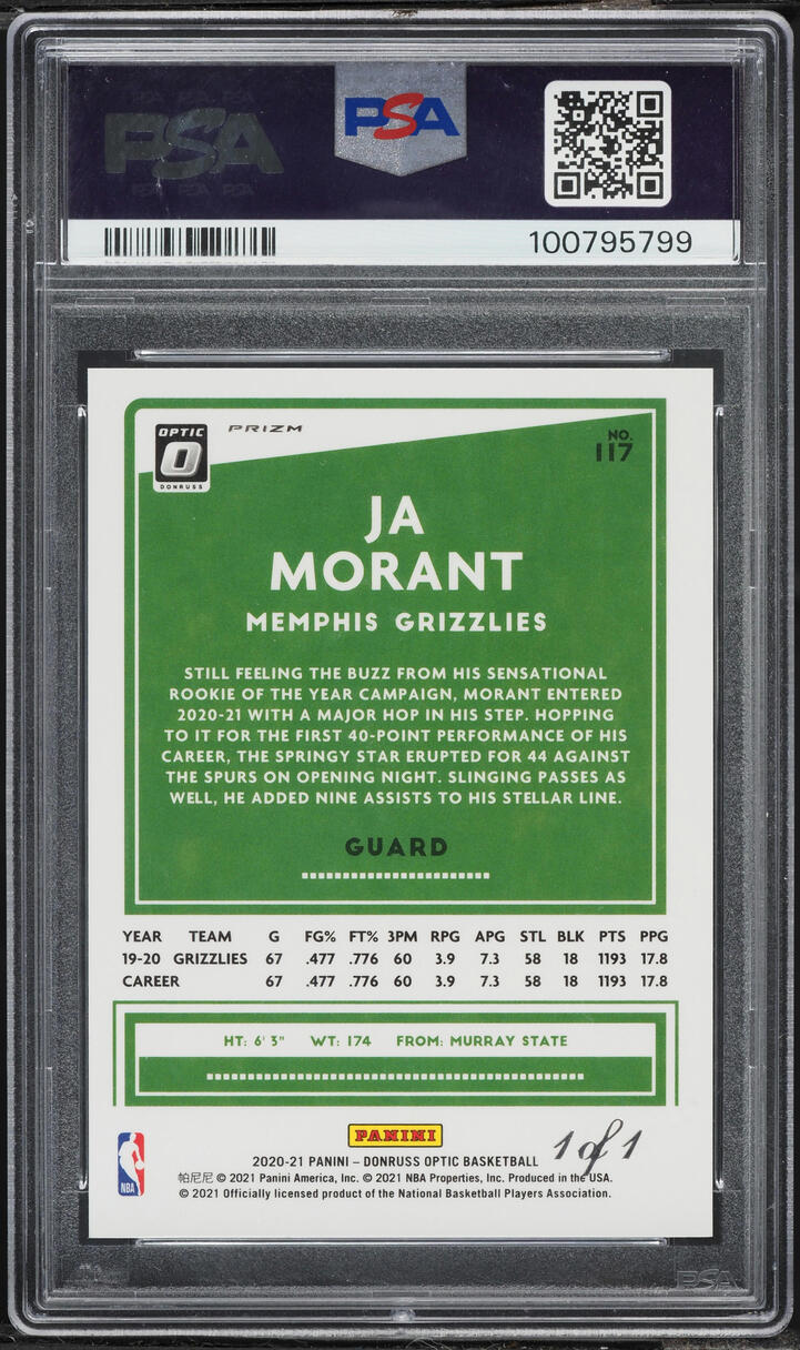 2020 Donruss Optic Black Prizm Ja Morant 1/1 #117 PSA 10 GEM MINT