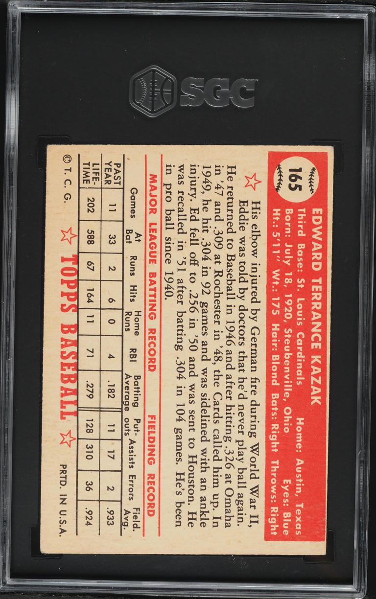 1952 Topps Eddie Kazak #165 SGC 4.5 VGEX+