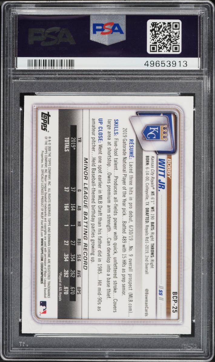 2020 Bowman Chrome Mega Box Bobby Witt Jr. PROSPECT #BCP-25 PSA 10 GEM MINT