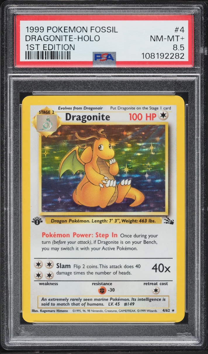 1999 Pokemon Fossil 1st Edition Holo Dragonite #4 PSA 8.5 NM-MT+