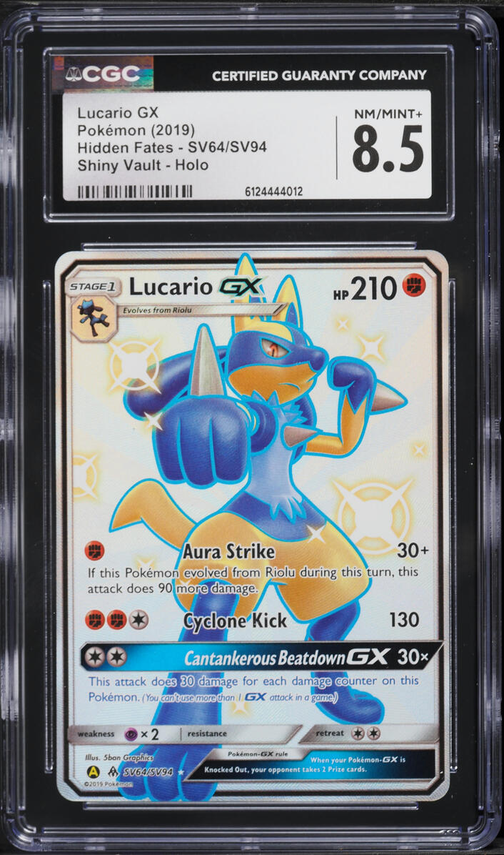 2019 Pokemon Sun & Moon Hidden Fates Full Art Shiny Lucario GX #SV64 CGC 8.5 NM-MT+