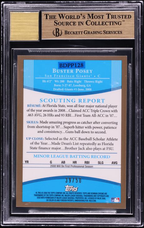2008 Bowman Chrome Gold Refractor Buster Posey PROSPECT AUTO /50 #BDPP128 BGS 9.5 GEM MINT