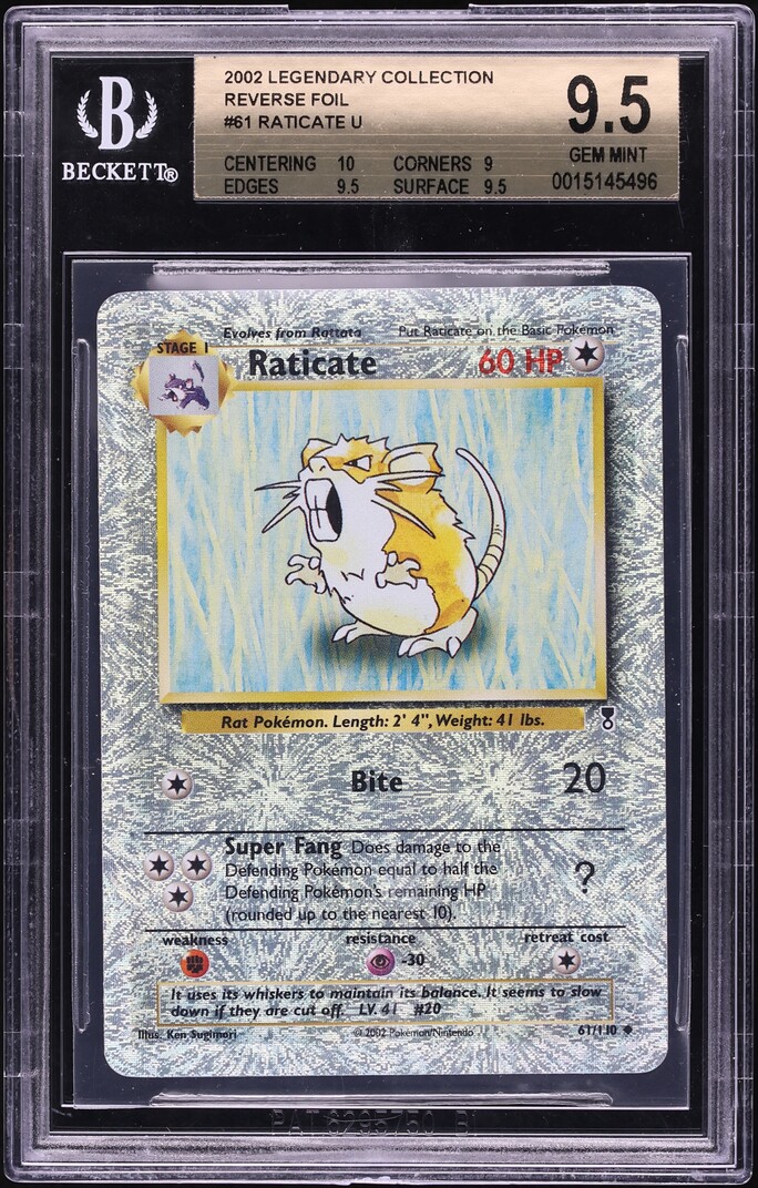2002 Pokemon Legendary Collection Reverse Holo Raticate #61 BGS 9.5 GEM MINT