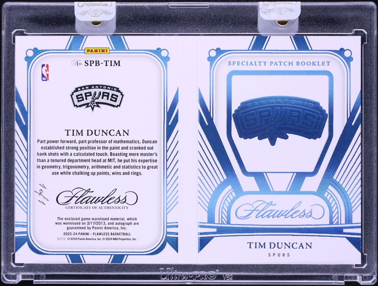 2023 Panini Flawless Platinum Tim Duncan ALL-STAR GAME PATCH AUTO 1/1 #SPB-TIM
