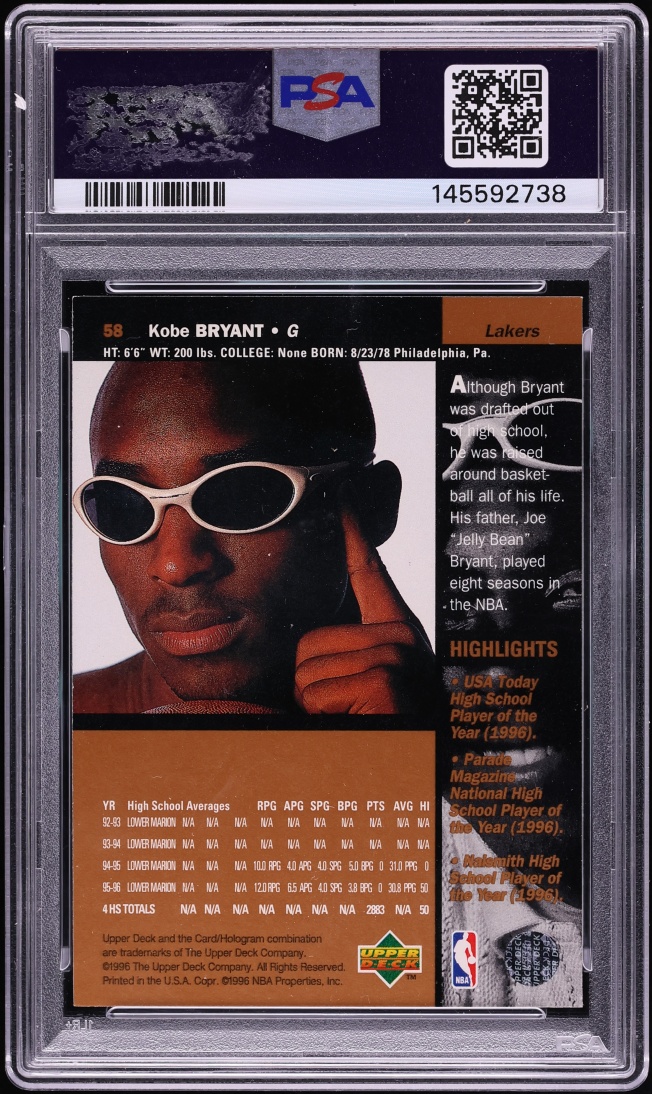 1996 Upper Deck Basketball Kobe Bryant ROOKIE #58 PSA 7 NRMT