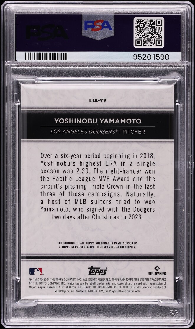 2024 Topps Tribute League Inauguration Yoshinobu Yamamoto ROOKIE AUTO /99 #LIA-YY PSA 10 GEM
