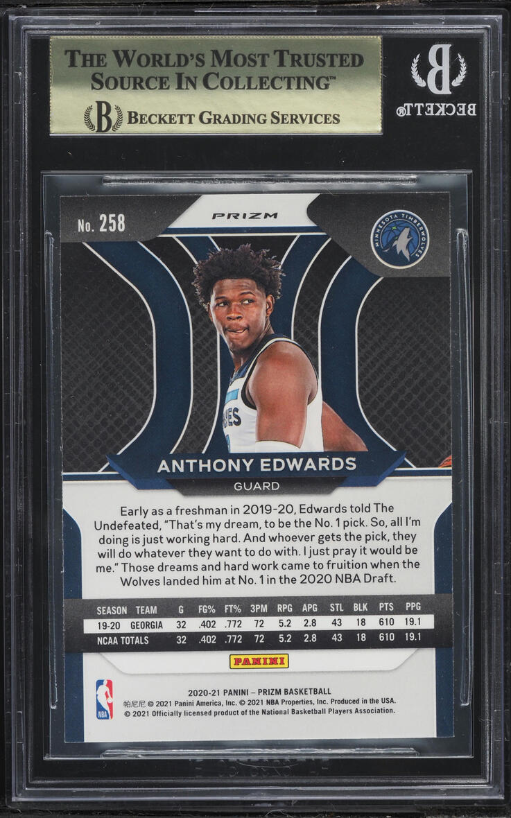 2020 Panini Prizm Silver Anthony Edwards ROOKIE #258 BGS 10 PRISTINE