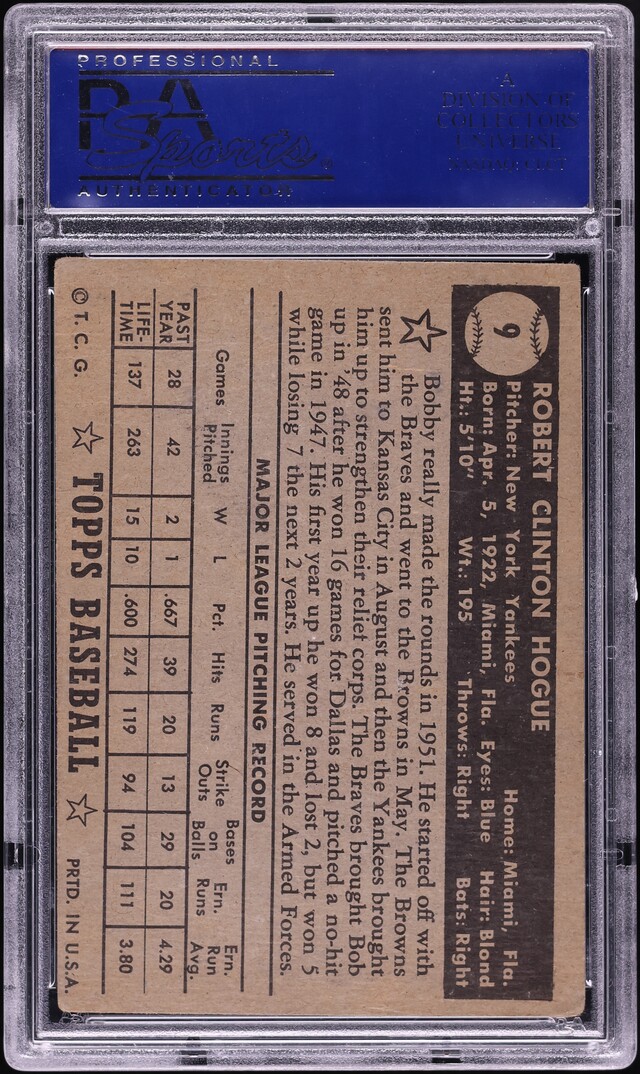 1952 Topps Bobby Hogue #9 PSA 3 VG