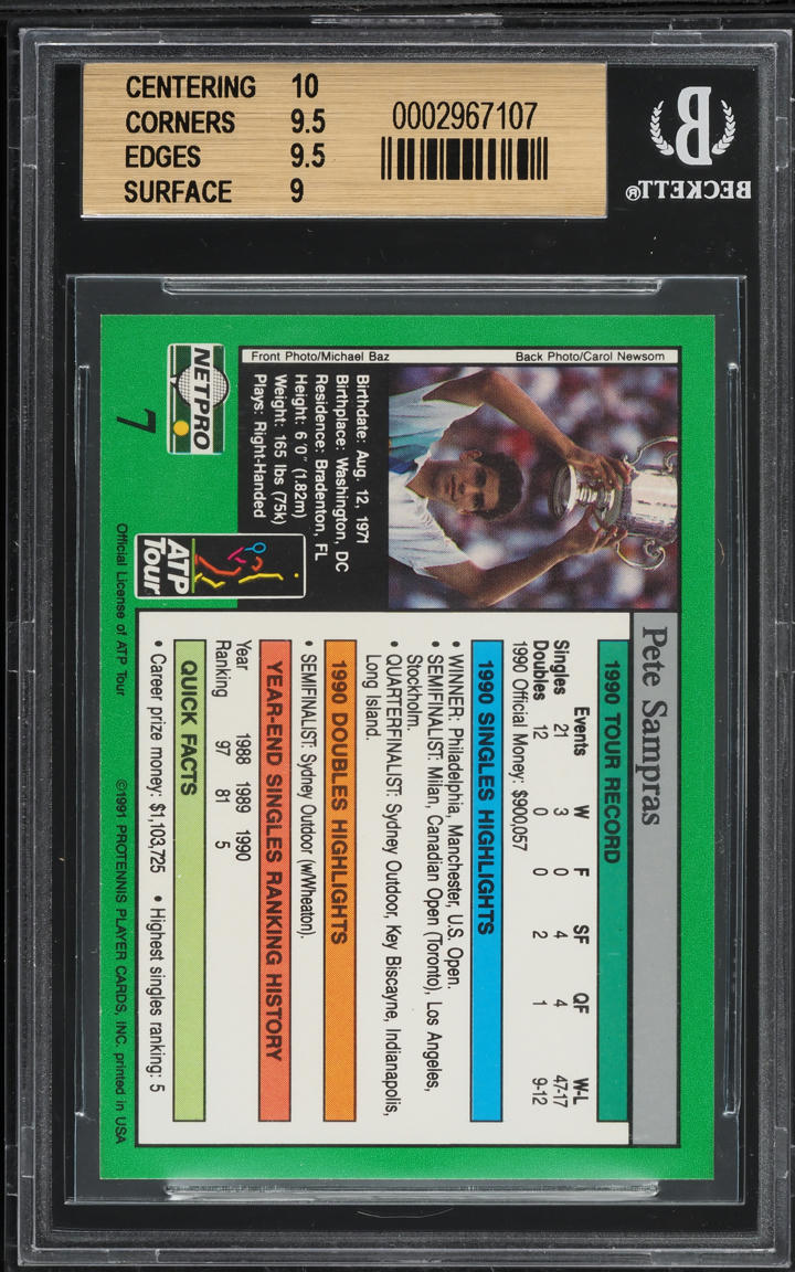 1991 Netpro Tour Star Pete Sampras ROOKIE #7 BGS 9.5 GEM MINT