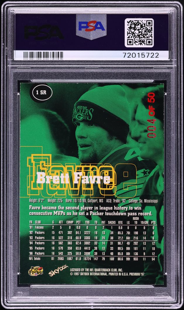 1997 Skybox Premium Rubies Brett Favre JERSEY # 4/50 #1SR PSA 7 NRMT