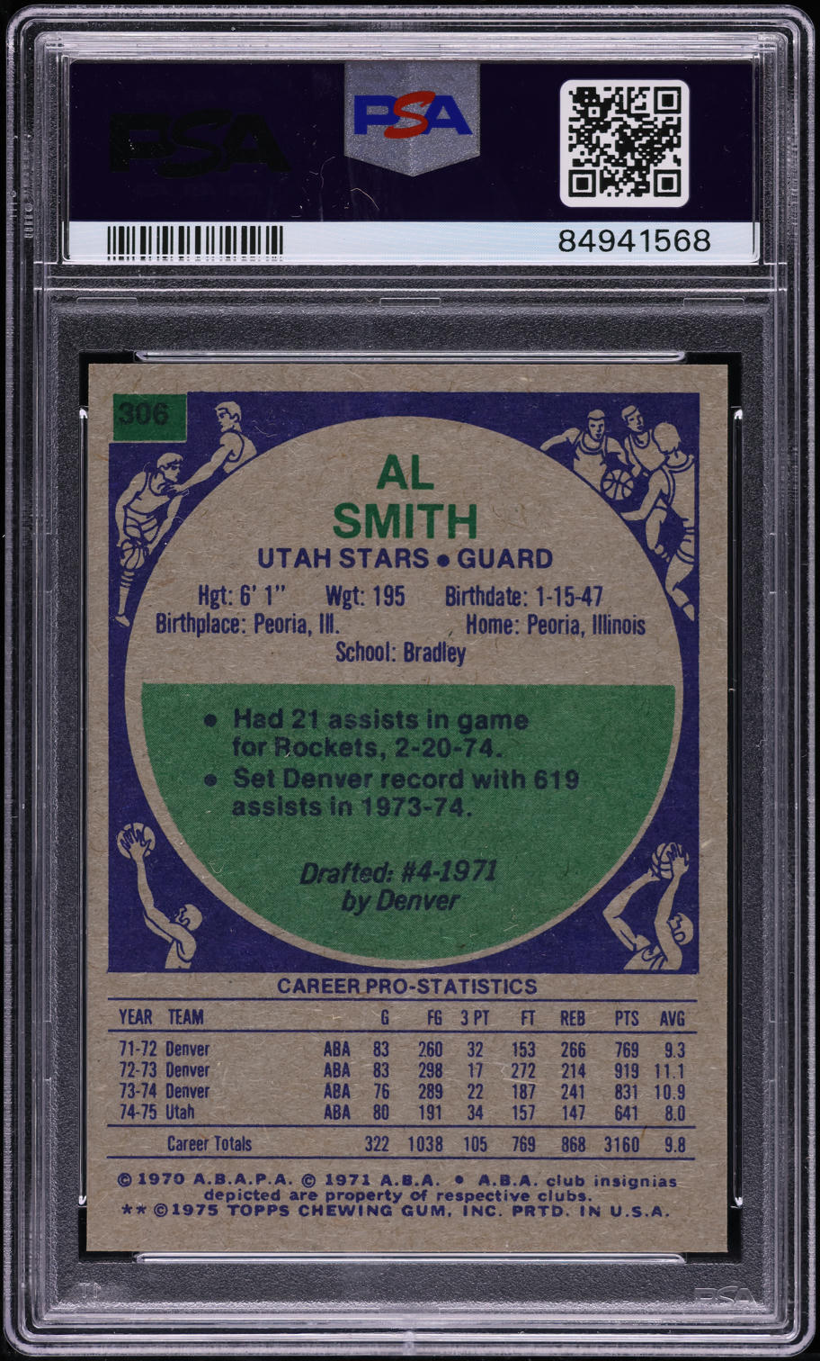 1975 Topps Basketball Al Smith #306 PSA 10 GEM MINT