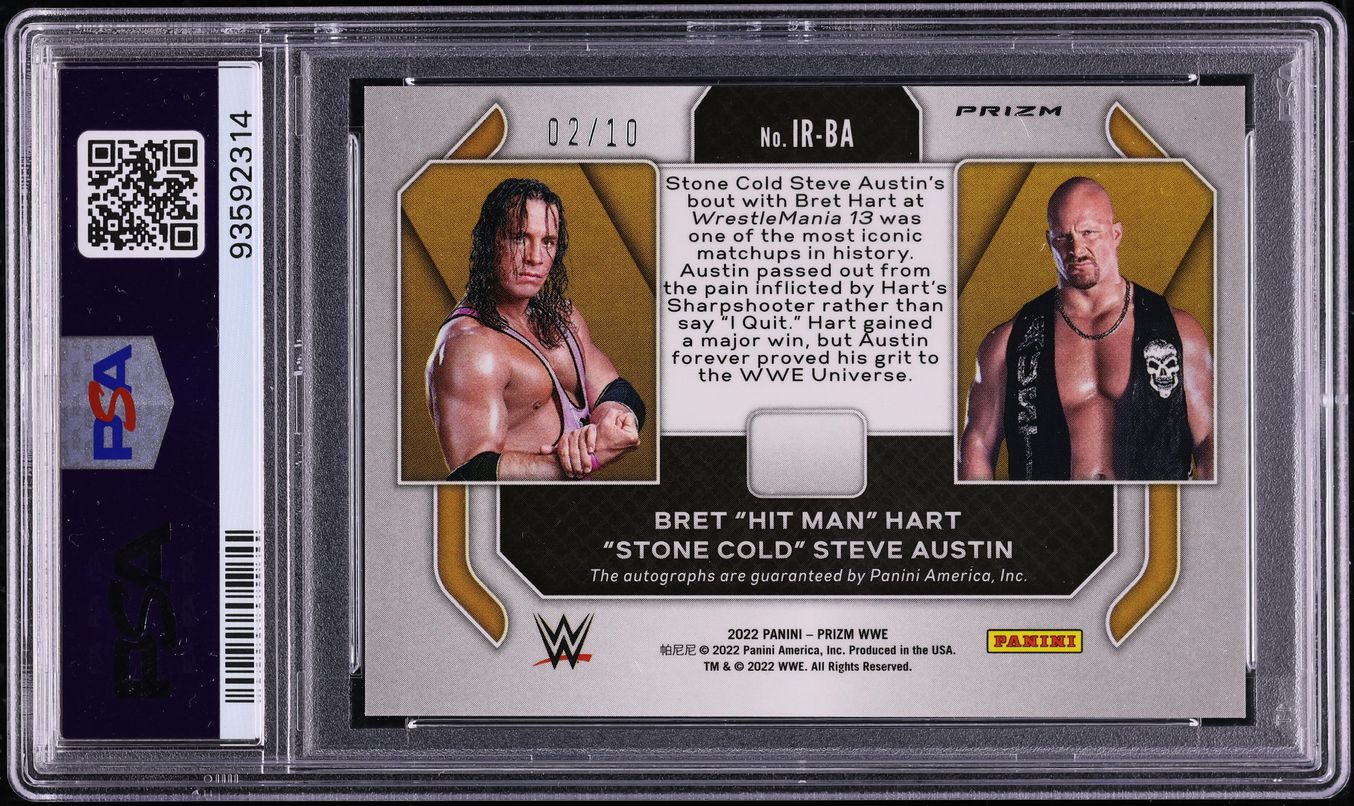 2022 Panini Prizm WWE Iconic Rivals Gold Brett Hart Steve Austin AUTO /10 PSA 9