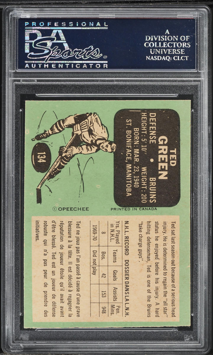 1970 O-Pee-Chee Hockey Ted Green #134 PSA 8 NM-MT